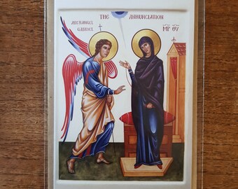 Annunciation icon greetings card. Blank inside. Byzantine orthodox iconography style.
