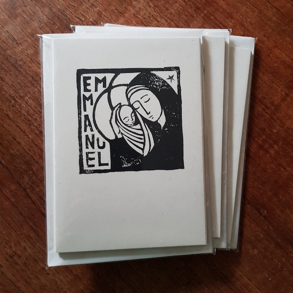 4x Hand printed Christmas cards. Nativity Mary and Jesus Christian icon lino cut. Handmade.