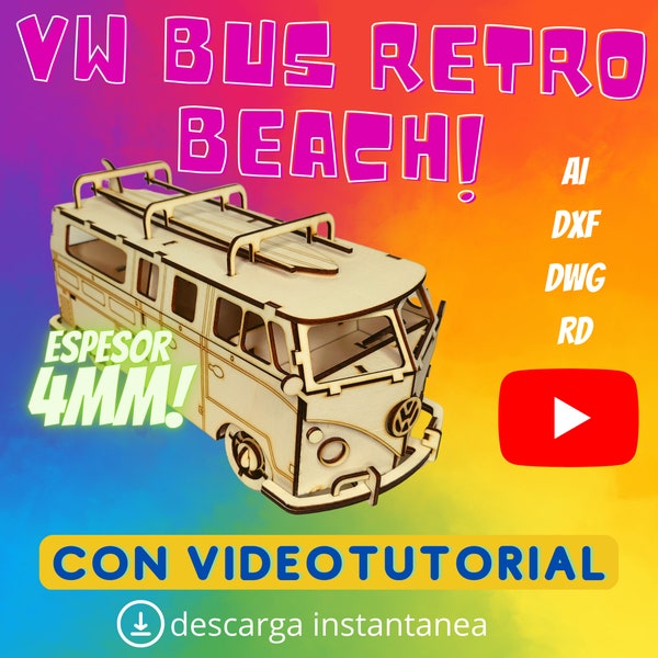 Modèle de voiture 3D puzzle VW Bus Retro Car Laser, Beach minibus court laser, fichiers coupés routeur DXF CDR vecteur Téléchargement instantané tutoriel vidéo