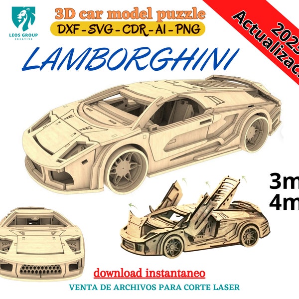 3D Puzzle Lamborghini Car - Digital Archives for Laser and CNC Cutting, SVG, DXF, Pdf, Cdf Format - Direct Download for Various Maderas