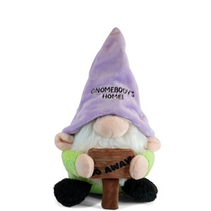 May include: A plush gnome toy with a purple hat that says "Gnomebody's Homel" and a brown sign that says "Go Away".
