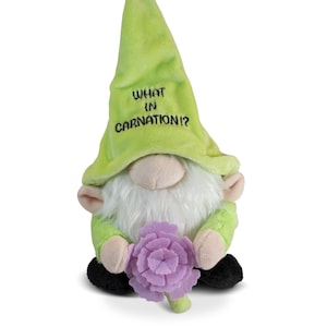 May include: A plush green gnome with a white beard, wearing a green hat that says "What in carnation!?" and holding a purple flower.