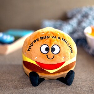 May include: A plush toy shaped like a hamburger with a smiling face and the text "You're bun in a million".
