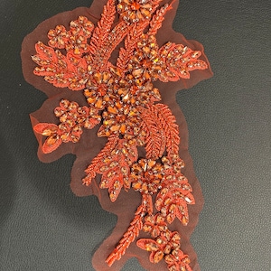 Peut inclure: Applique de perles orange avec un motif floral. L'applique est faite de petites perles et de strass et est fixée à un tissu transparent.