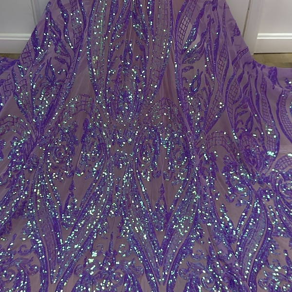 LAVENDER IRIDESCENT 4 way stretch sequin lace fabric