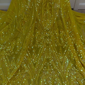 YELLOW IRIDESCENT 4 way stretch sequin lace fabric