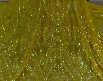 YELLOW IRIDESCENT 4 way stretch sequin lace fabric