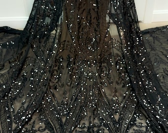 BLACK four way stretch sequin lace fabric