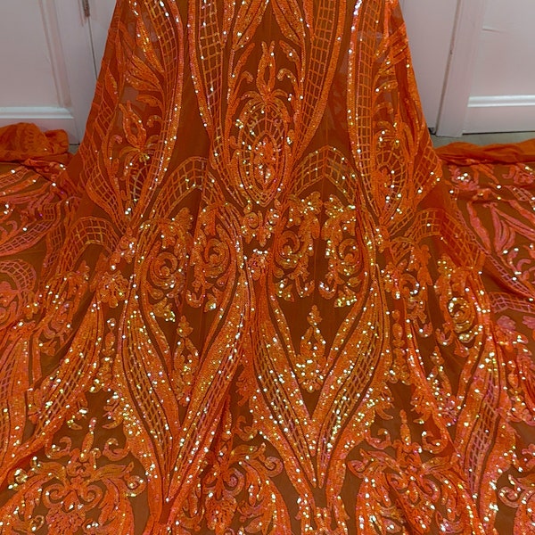 ORANGE IRIDESCENT 4 way stretch sequin lace fabric