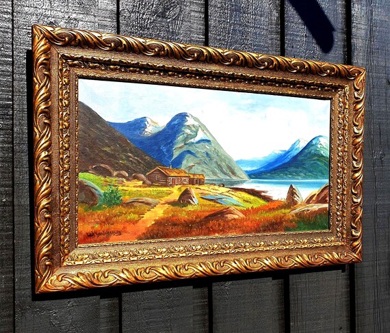 山岳風景 油絵 フレーム付き 山岳風景 油彩画 黒フレーム付き 山岳風景