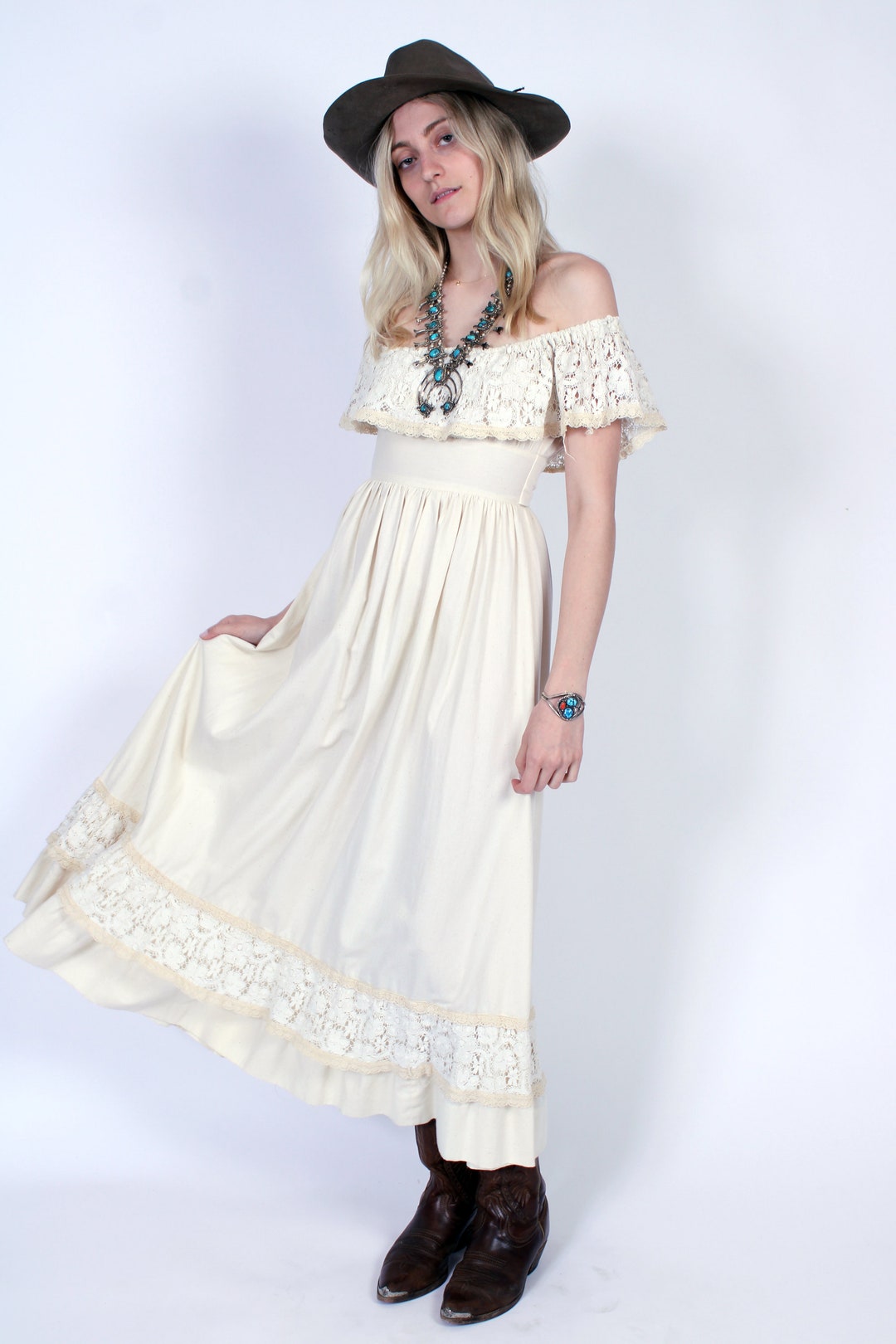 Gunne Sax 1970s Vintage Creme Lace off the Shoulder Prairie Dress - Etsy