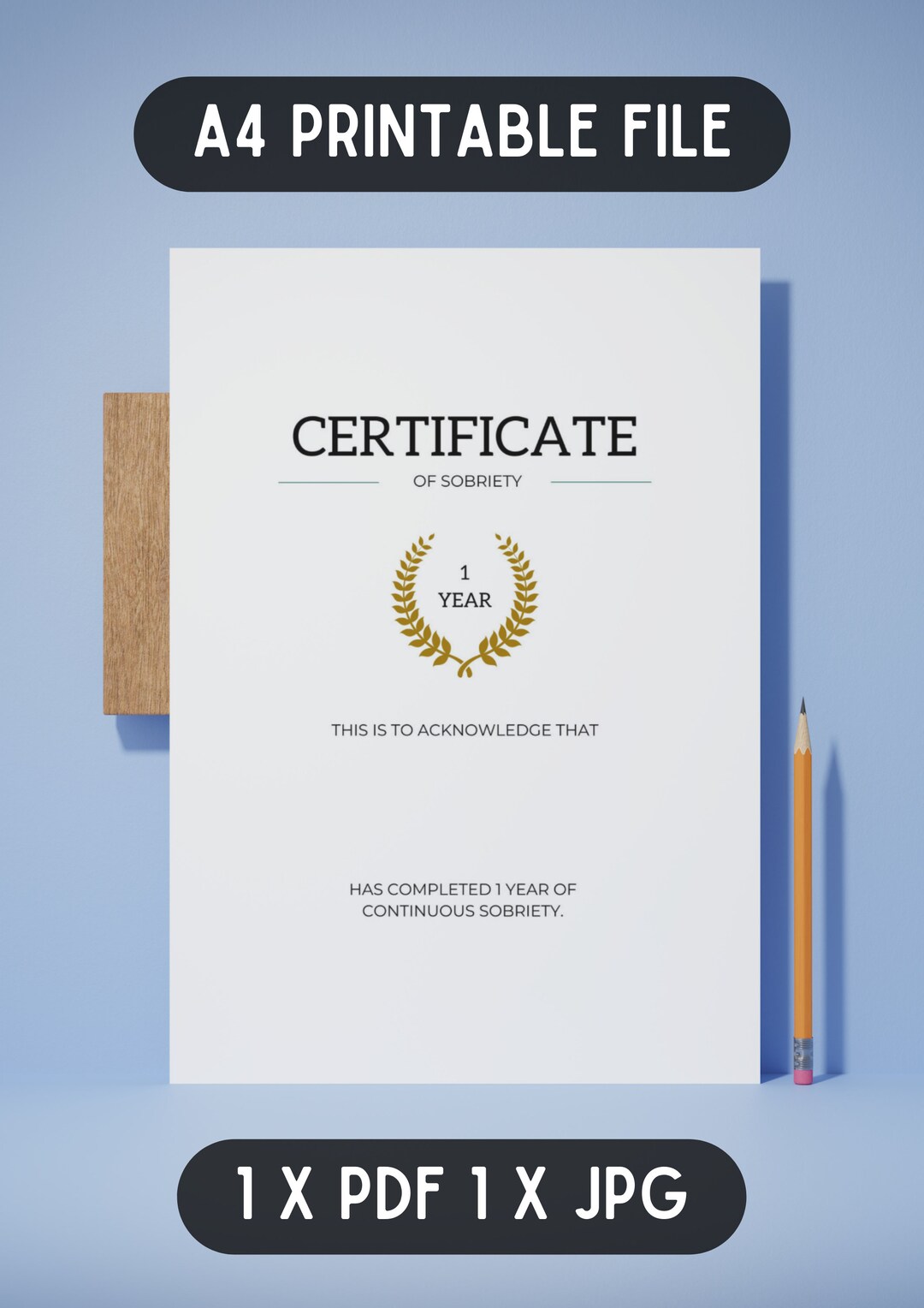12 Months / 1 Year Sober Certificate PDF JPG Printable File Early ...