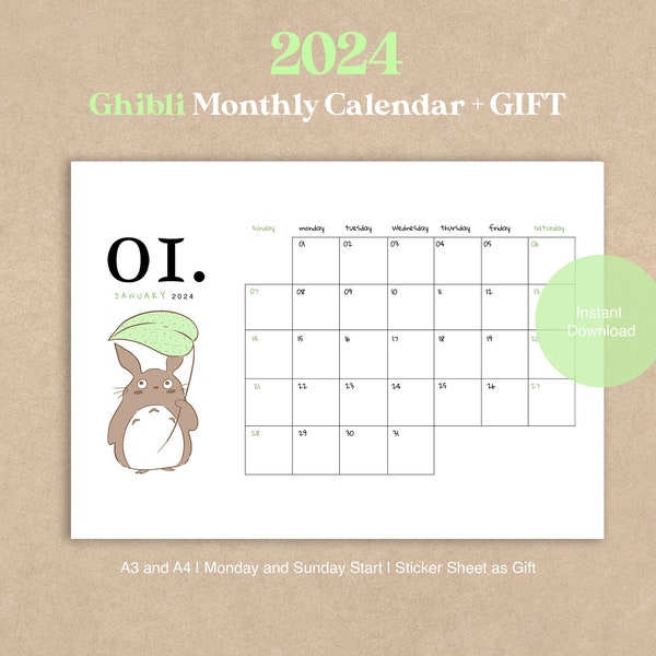 2024 MONTHLY CALENDAR | Ghibli Minimal Printable Blank| A3 and A4 | Monday and Sunday Start + GIFT