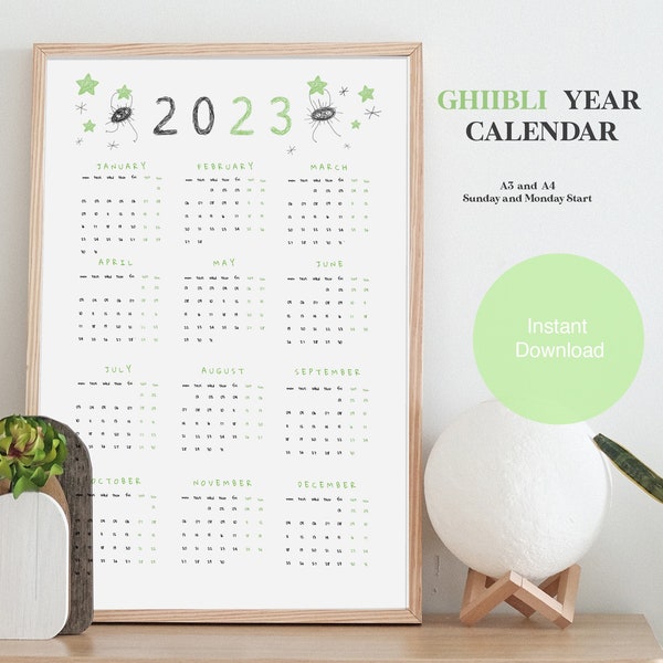 2023 YEAR CALENDAR + Gift | Studio GHIBLI Minimal Printable  A3 and A4 | Monday and Sunday Start