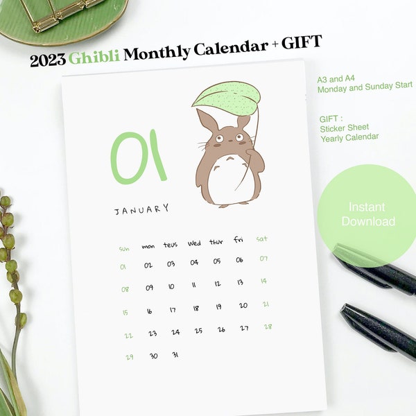 2023 DESK CALENDAR | Ghibli Minimal PRINTABLE | Monday and Sunday Start | A4 and A5 + Gift