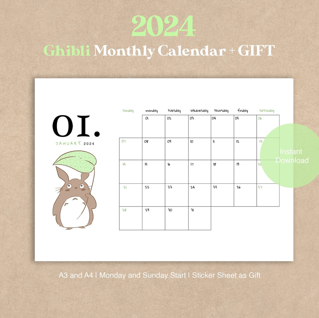 CALENDARIO MENSUAL 2024 / Ghibli Minimal Imprimible en Blanco/ A3 y A4 ...