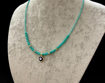 Crystal Bead Evil Eye Necklace, Evil Eye Charm Pendant, Protection Necklace, Gift for Her