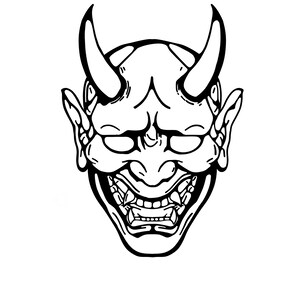 May include: A black and white illustration of a Japanese demon mask with horns and a fierce expression.