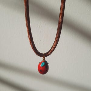 Puede incluir: Un collar de cordón marrón con un colgante de mariquita roja. La mariquita tiene lunares negros y detalles turquesas. El collar cuelga contra una pared blanca.