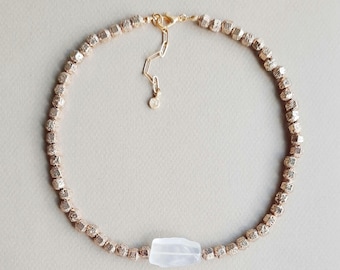 Gold Beaded Necklace, Quartz Gemstone, Lava Gold Beads