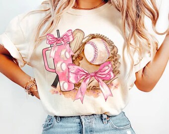 Baseball Coquette Bow Shirt ,Coquette Baseball, Pink Bow design, Soft Girl Era, Retro Mama, Gift for Mama, Baseball mom, Mother's Day Gift