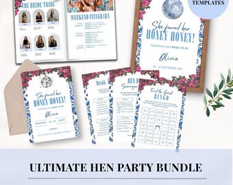 Hen Party Bundle | 50 Games, Invite, Itinerary Planner, Welcome Sign (Canva Templates)