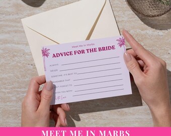 May include: A light purple advice for the bride card featuring pink palm tree illustrations on the sides and the text Meet Me In Marbs Advice For The Bride with blank lines for writing. The card is paired with a cream-coloured envelope.