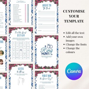 Puede incluir: Una colecci&oacute;n de plantillas imprimibles de juegos de boda con bordes decorativos florales y azules. Las plantillas incluyen juegos como "Find the Guest Bingo", "Ring Hunt" y "Guess the Dress". El logotipo de Canva es visible.