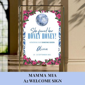 Placa de boas-vindas para despedida de solteira inspirada em Mamma Mia | ABBA (Modelo para Canva)