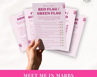 May include: A set of light pink printed game cards titled Meet Me In Marbs Red Flag / Green Flag. The cards feature dark pink text, palm tree illustrations, and a list of statements with red and green flag icons for voting on drinking game rules.