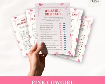May include: A set of printed game cards for a hen party featuring a pink cowgirl theme. The cards include titles like He Said She Said and Hen Scavenger Hunt with lists of questions, pink lip icons, and blue moustache icons on white paper.