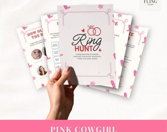May include: A set of white printed game cards for a hen party featuring pink cowgirl boot and star illustrations. The central card displays the text Ring Hunt, There are rings hidden around the room. Whoever finds the most wins! with a ring icon.