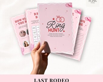 Puede incluir: Tarjetas rosas para juegos de despedida de soltera con el tema Ring Hunt. Las tarjetas presentan un borde festoneado, ilustraciones de sombreros de vaquero y el texto "Ring Hunt" y "Last Rodeo".