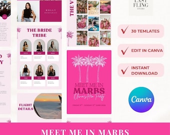 May include: A digital collection of 30 editable Canva templates for a hen party itinerary, featuring a bright pink and white colour scheme with palm tree graphics. The text includes "Meet Me In Marbs," "The Bride Tribe," and "The Vibes," designed for social media or event planning.