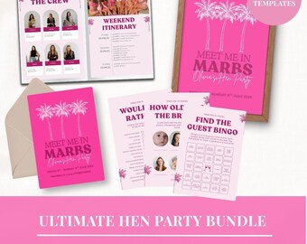 May include: A collection of pink-themed party stationery including a weekend itinerary, a welcome sign, an invitation with an envelope, and game cards featuring palm tree graphics and text such as Meet Me In Marbs and Find The Guest Bingo.