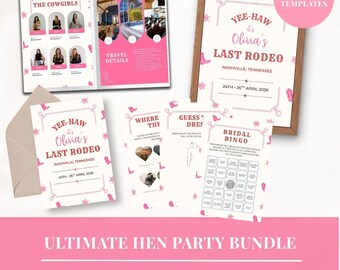 Puede incluir: Una colección de papelería impresa para fiestas con motivos de botas vaqueras y estrellas rosas. El set incluye un cartel de bienvenida, una tarjeta de bingo nupcial, detalles de viaje y plantillas de invitación con el texto Yee-Haw It's Olivia's Last Rodeo.