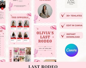 May include: A pink hen party itinerary template with the text "LAST RODEO" and "30+ EDITABLE HEN DO ITINERARY". The design features cactus illustrations, cowgirl hats, and the Canva logo.