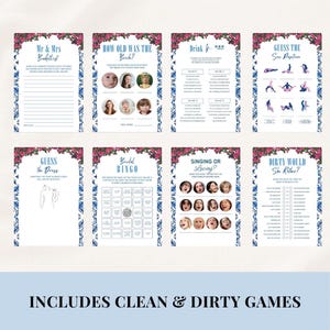 Puede incluir: Un conjunto de ocho tarjetas de juegos para una despedida de soltera con bordes florales y azules. Los juegos incluyen "Mr & Mrs Bucketlist", "How Old Was the Bride?", "Drink If...", "Guess the Sex Position", "Guess the Dress", "Bridal Bingo", "Singing or Loving?" y "Dirty Would She Rather?" El texto "INCLUDES CLEAN & DIRTY GAMES" est&aacute; en la parte inferior.