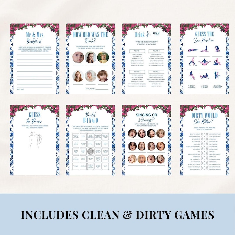Puede incluir: Un conjunto de ocho tarjetas de juegos para una despedida de soltera con bordes florales y azules. Los juegos incluyen "Mr & Mrs Bucketlist", "How Old Was the Bride?", "Drink If...", "Guess the Sex Position", "Guess the Dress", "Bridal Bingo", "Singing or Loving?" y "Dirty Would She Rather?" El texto "INCLUDES CLEAN & DIRTY GAMES" est&aacute; en la parte inferior.