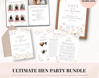 May include: A bridal shower stationery bundle featuring floral designs with pastel flowers. Includes a welcome sign, invitation, weekend itinerary, and game cards like bridal bingo. The text reads Love in Bloom, Olivia's Bridal Shower, and 80+ Templates.