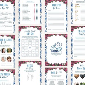 Puede incluir: Una colecci&oacute;n de juegos imprimibles para la despedida de soltera con bordes decorativos florales y azules. Los juegos incluyen "Mad Libs", "Find the Guest Bingo", "Ring Hunt" y "Guess the Dress". El texto est&aacute; en una fuente manuscrita.