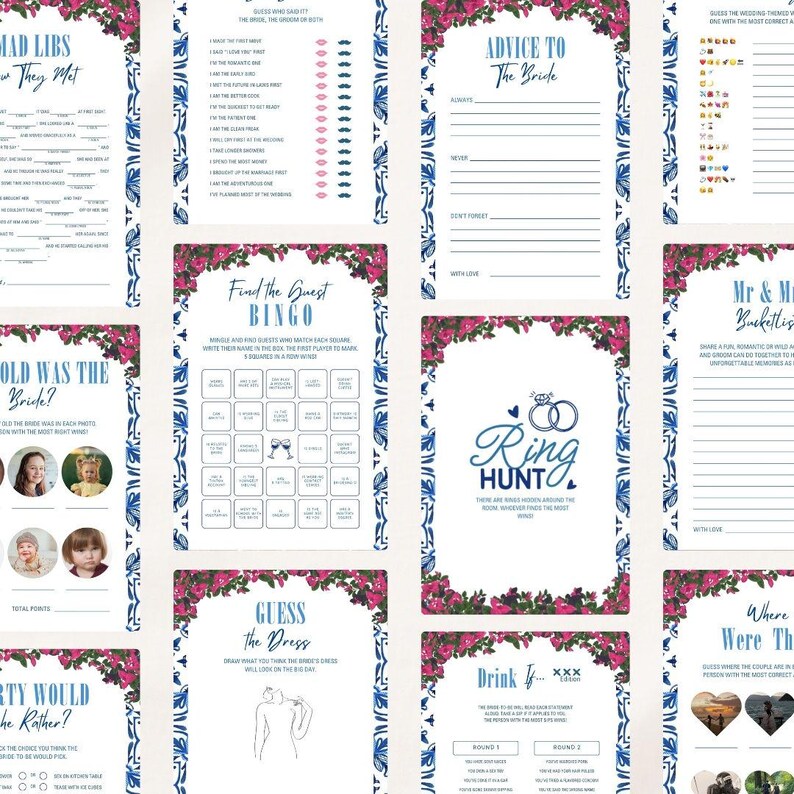 Puede incluir: Una colecci&oacute;n de juegos imprimibles para la despedida de soltera con bordes decorativos florales y azules. Los juegos incluyen "Mad Libs", "Find the Guest Bingo", "Ring Hunt" y "Guess the Dress". El texto est&aacute; en una fuente manuscrita.