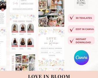 May include: A digital template set for a bridal shower, with a floral design and the text "Love in Bloom." The image includes a hen do itinerary, "The Bride Tribe" section, and Canva branding. It offers 30 templates, editable in Canva, and instant download.