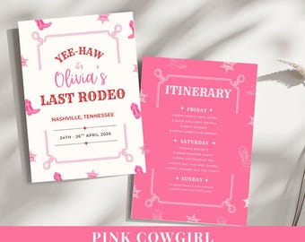 May include: A double-sided invitation card featuring a white front with red and pink text reading Yee-Haw it's Olivia's LAST RODEO, Nashville, Tennessee, 24th-26th April 2026, and a pink back with white text detailing an itinerary for Friday to Sunday.