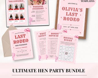 May include: A pink and white themed party stationery bundle featuring a welcome sign, invitation, weekend itinerary, and game cards. The designs include western-inspired text like Olivia's Last Rodeo, cowgirl graphics, and pink cowboy hats.