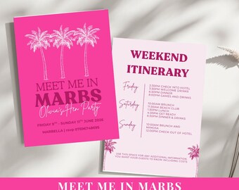 May include: A bright pink invitation card featuring three white palm tree illustrations and the text Meet Me In Marbs Olivia's Hen Party. Beside it, a light pink weekend itinerary card lists scheduled events from Friday to Sunday in dark pink text.