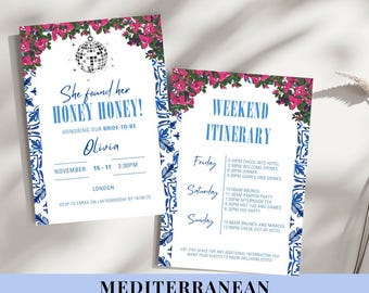 Invitación para despedida de soltera mediterránea / Plantilla editable de Canva (Descarga digital)