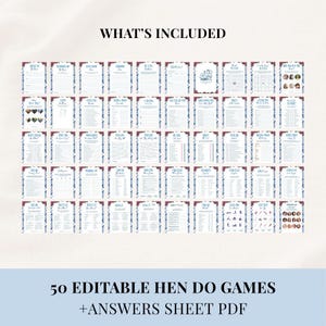 Puede incluir: Un conjunto de 50 juegos editables para despedida de soltera con una hoja de respuestas en PDF. Cada hoja de juego tiene un borde floral decorativo azul y rojo. El texto "WHAT'S INCLUDED" est&aacute; en la parte superior. El texto "50 EDITABLE HEN DO GAMES + ANSWERS SHEET PDF" est&aacute; en la parte inferior.