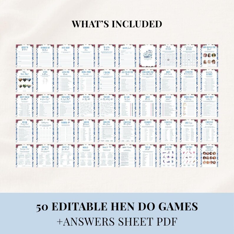 Puede incluir: Un conjunto de 50 juegos editables para despedida de soltera con una hoja de respuestas en PDF. Cada hoja de juego tiene un borde floral decorativo azul y rojo. El texto "WHAT'S INCLUDED" est&aacute; en la parte superior. El texto "50 EDITABLE HEN DO GAMES + ANSWERS SHEET PDF" est&aacute; en la parte inferior.