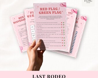 May include: A set of light pink party game cards with scalloped edges, featuring the title Red Flag / Green Flag. The cards include text, small cowboy hat icons, and red and green flag symbols. The design includes a cactus graphic and text.